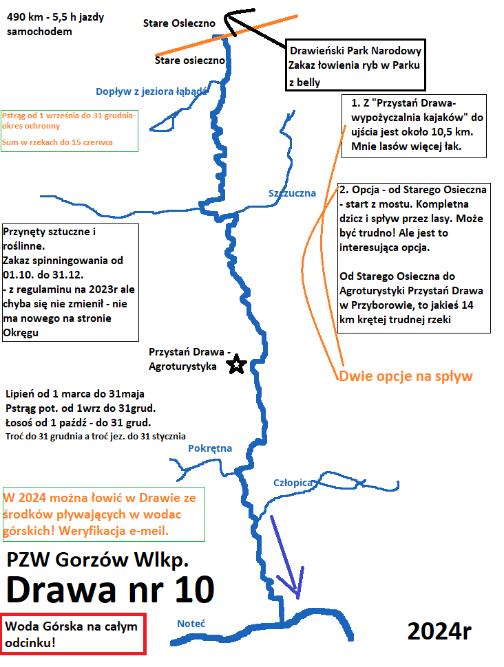 Mapa rzeki Drawa do spływów belly boat. Wędkarstwo w Drawie