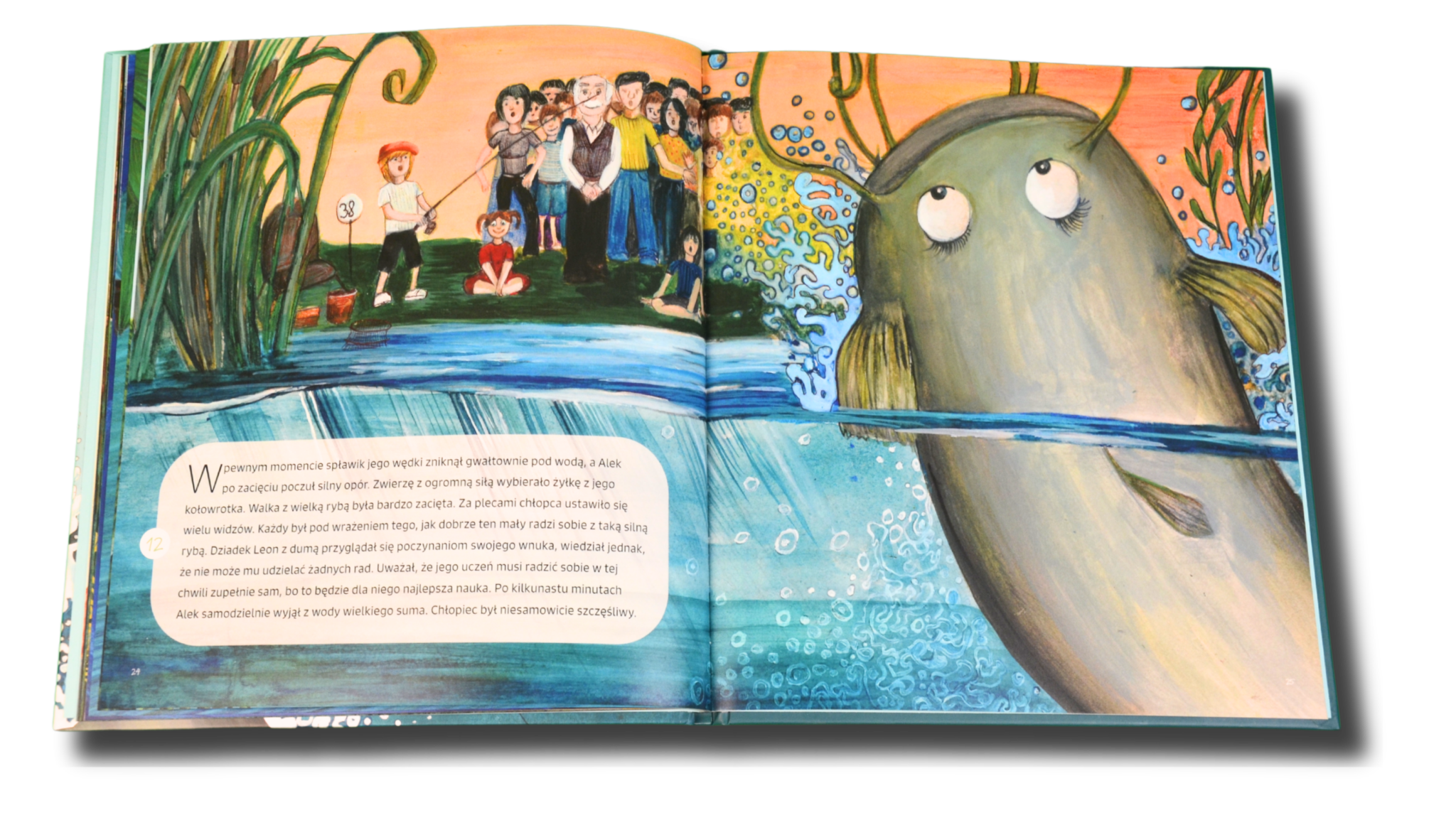 Książeczka dla dzieci o tematyce wędkarskiej. Tytuł: "Alek uczy się łowić ryby". Książka na prezent na dzień dziecka, pod choinkę i na inne okazje